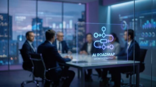 AI Strategy: AI roadmap symbol guiding organizational growth on a digital boardroom screen 