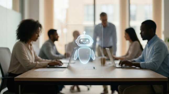 Artificial Intelligence Workplace: AI assistant icon supporting employees during daily tasks in a contemporary office 