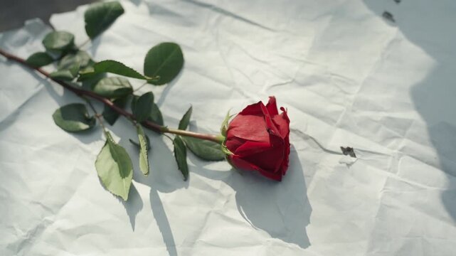 Close up of single red rose with green leaves lying on crumpled white paper. hand briefly appears to adjust stem emphasizing texture and shadow detail under soft lighting. scene is calm