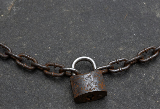 Still life of an old rusty padlock on a weathered chain, vintage security, copy space