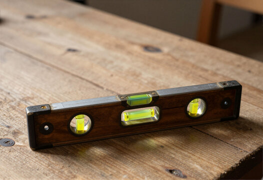 Still life of an old wooden spirit level on a workbench, carpenter's tool, copy space