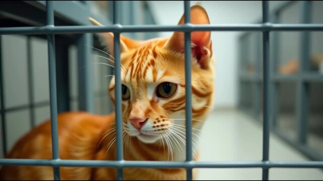 A cat looks directly at the camera from inside a cage