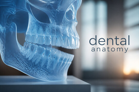 A translucent model of a human skull and jawbone is displayed in a well-lit setting.
