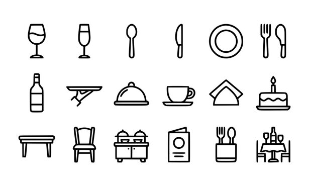 Catering and Event Dining Black Outline Vector Icon Set