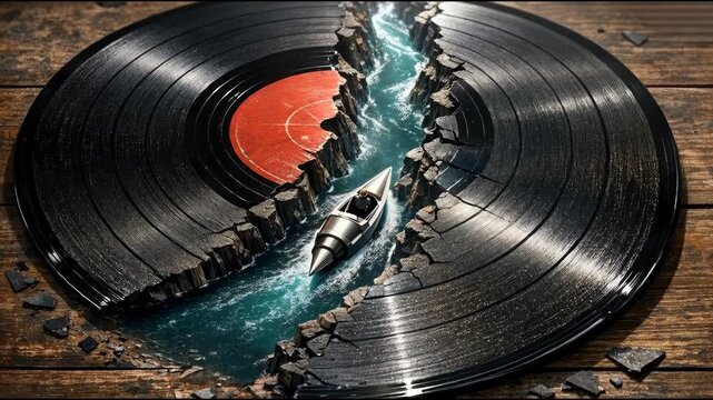 A broken vinyl record sitting on a wooden table