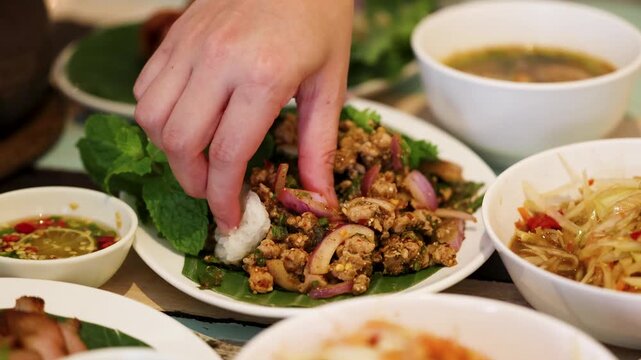 Eating Thai Isan Cuisine with Sticky Rice and Larb Moo