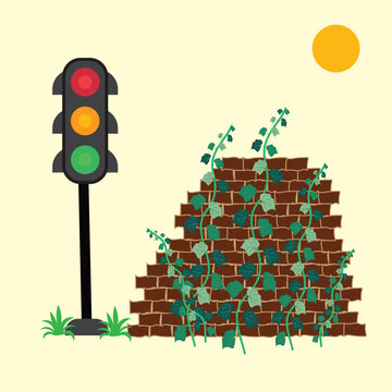 Traffic Light with Ivy Covered Brick Wall and Sun, Street Scene Flat Vector Illustration