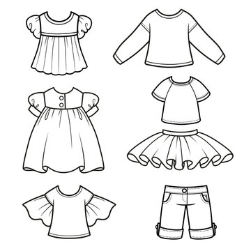 Girls clothes separetly skirt dress blouse set outline for coloring on a white background