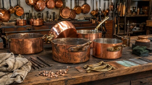 Old workshop with copper pots, tools, and materials in a rustic setting during the day