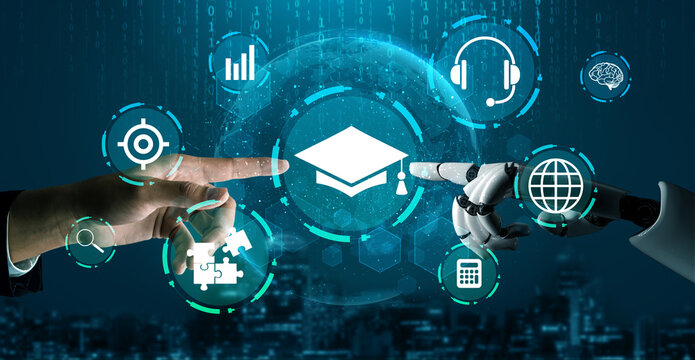 Futuristic Education Concept with Human Hand and Robot Hand Touching Symbols of Learning and Technology in Digital Environment Haptic.