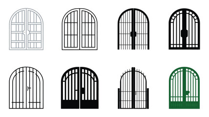 Fototapeta premium Door icons featuring line art, silhouettes, and colorful entranceway designs for architecture.