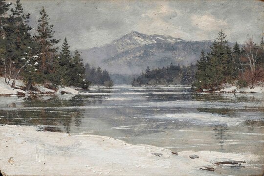 Frozen lake framed by evergreen trees and distant snowy mountains in a subdued vintage painting