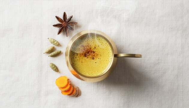 Top view of traditional Indian golden turmeric milk haldi doodh in a brass cup with raw spices on a white fabric background