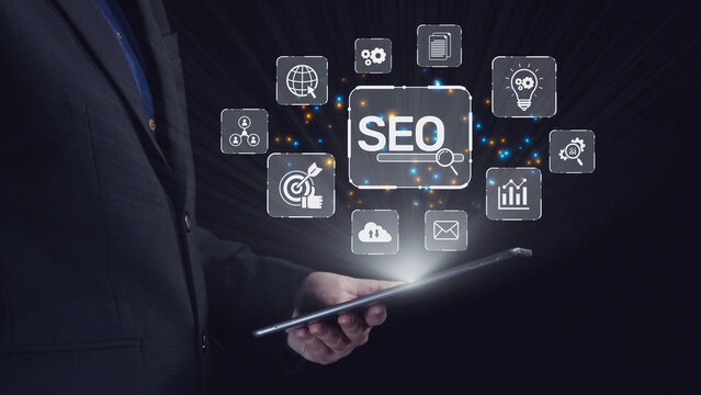 SEO concept for improving SEO visibility, with SEO related digital tools and SEO performance icons shown in an focused layout for strategic marketing. Elide