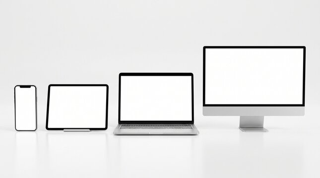 Electronic devices lined up in size order with blank screens for digital content display against a clean white background