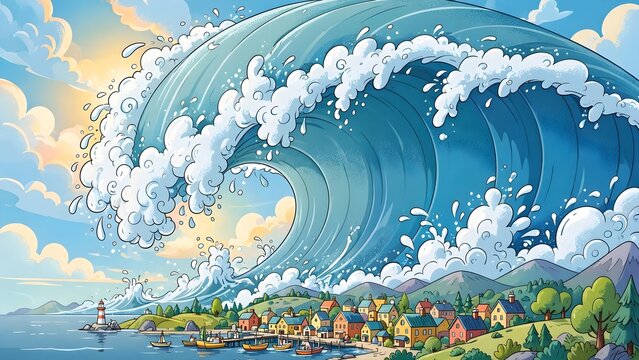 Whimsical Cartoon Ocean Tsunami Wave Curving Over Coastal Town Horizon, Dramatic Giant Tidal Wave with Frothy White Foam, Bright Blue Ocean Disaster Illustration