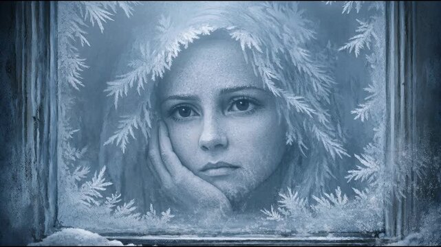 A woman's face is seen through a frosty window, with a cold and isolating atmosphere