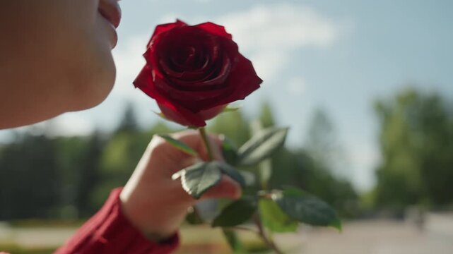 Close up of woman holding and smelling red rose outdoors with trees in soft daylight. subject hand gently grasps stem while her profile is partially visible emphasizing interaction