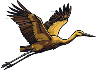 Fototapeta premium A stylized illustration of a crane bird in flight with outstretched wings.