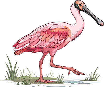 A vibrant illustration of a pink roseate spoonbill standing in shallow water.