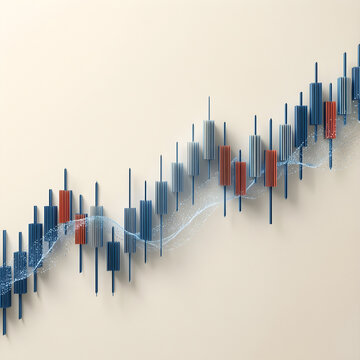 Ordered streams of fine data particles crossing precise candlestick-like forms rendered in layered paper-cut geometry with subtle tactile edges, with no axes, labels, digits or ticker symbols