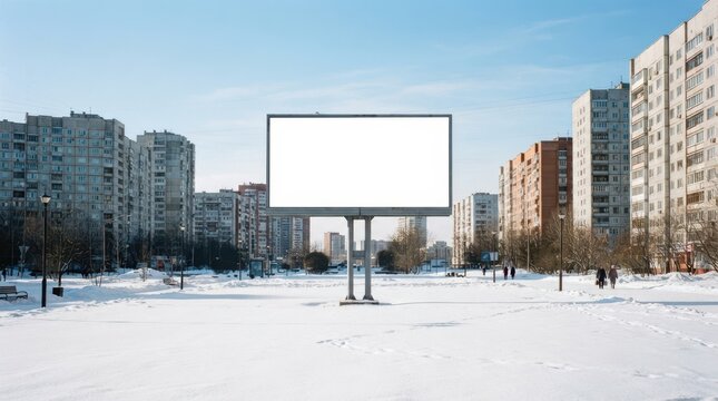 Empty horizontal billboard mockup in city square during winter with apartment buildings and snow-covered ground backdrop