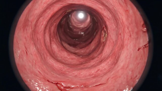 Virtual Endoscopy Flythrough of Gastrointestinal Tract Showing Bleeding Ulcers