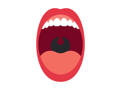 Flat vector illustration of an open human mouth showing teeth, tongue, and uvula.