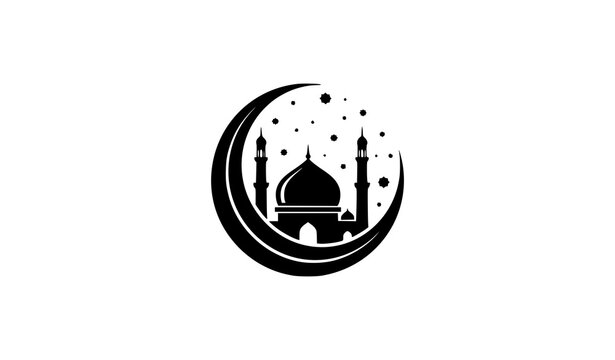 Mosque architecture silhouette framed by a large crescent moon and scattered stars with stars pattern islamic architecture vector graphic ramadan kareem eid mubarak religious temple muslim shrin