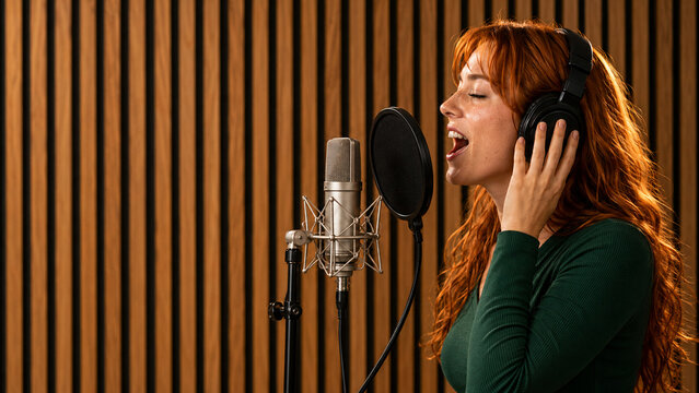 Passionate Female Singer Recording Vocals in Studio with Copy Space