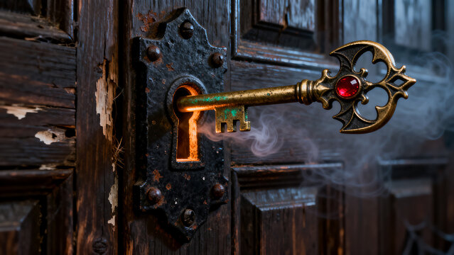 Antique brass skeleton key with red jewel inserted in an old wooden door lock with smoke entrance medieval mechanism security unlocking halloween witchcraft artifact treasure weathered
