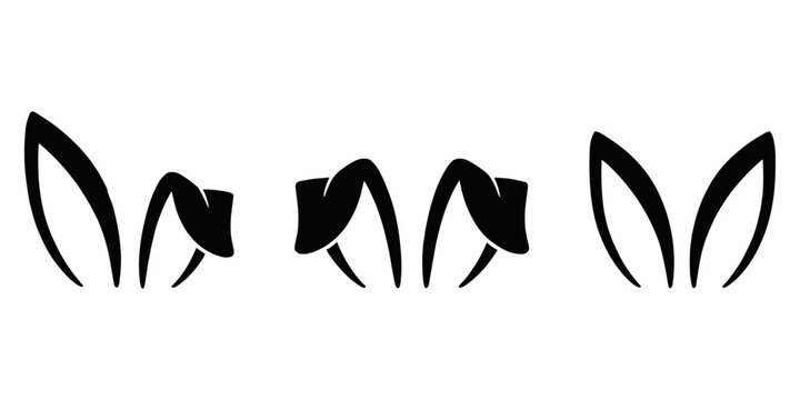 Three pairs of black rabbit ears in different styles, isolated on a transparent background, for bunny