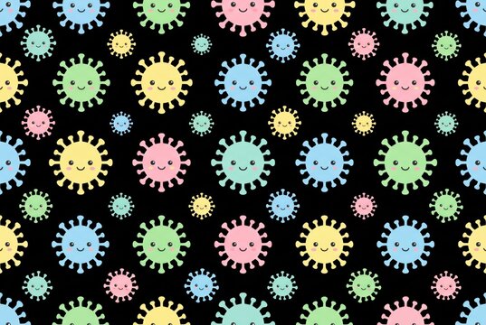Set of cute pastel virus icons with smiling faces on a black background. Concept of playful public health illustration.