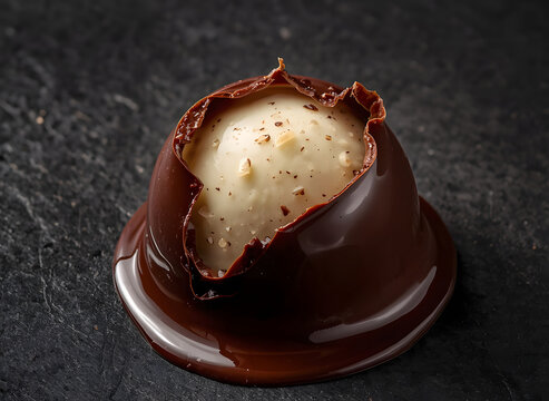 Macro shot of cracked dark chocolate shell dipping over vanilla gelato ice cream