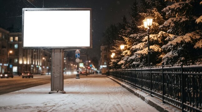 Horizontal billboard mockup at night on snowy city street with glowing street lamps and pine trees in winter setting