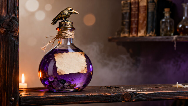 Purple potion bottle with raven stopper and parchment label on wooden shelf for halloween parchment halloween witchcraft alchemist mysterious mystique