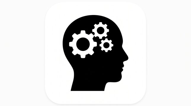 Head Silhouette with Mechanical Gears Icon, Representing Thought Process and Innovation
