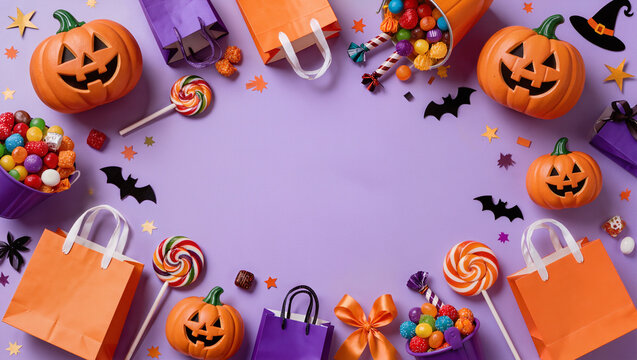 Halloween celebration frame with trick or treat essentials. Pumpkins, candies, and gift bags arranged on a vibrant purple background