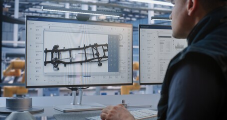 Naklejka na ściany i meble Operator Manages Automated Production Workflows and 3D Component Blueprints on Dual Screens in Smart Plant. Advanced Robotics and Engineering Optimize Digital Heavy Industry Processes. Industry 4.0.