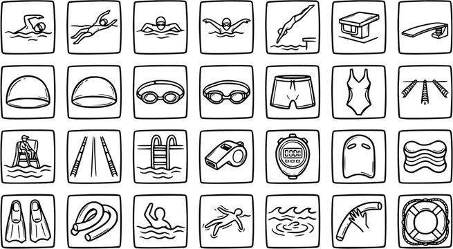 Swimming and Water Sports Doodle Line Art Icon Set. Hand-drawn collection of pool equipment, swimmers, and aquatic activity symbols.
