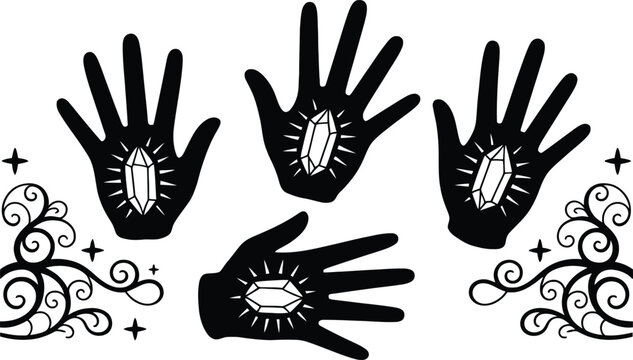 Set of black silhouette hands with glowing crystal gems and decorative floral ornaments isolated on white background crystal healing silhouette ornaments background