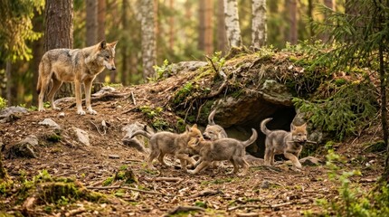 Obraz premium Wolf Family in Woodland Den: A mother wolf watches over her playful pups as they explore the entrance to their forest den, surrounded by the vibrant greenery and earthy tones of their natural habitat.