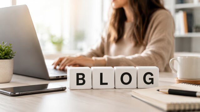 Woman Writing Blog on Laptop at Home Office with Blogging Concept