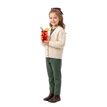 Smiling child holding a clear glass of cranberry orange punch with rosemary and citrus garnish, elegant Christmas celebration concept, on transparent background