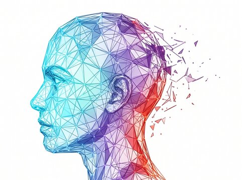 Low poly human head dissolving into digital particles during conceptualization on a white background