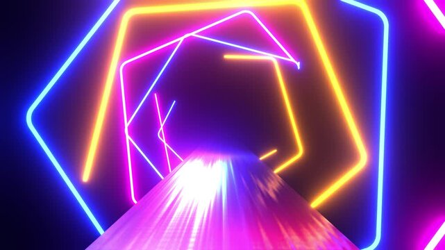 Pentagon triple color pink blue orange neon tunnel VJ loop animation background