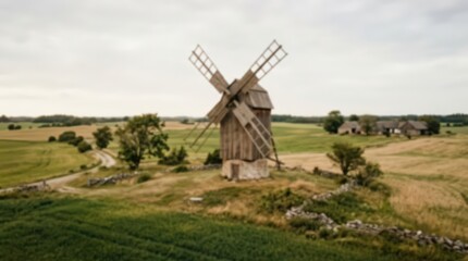 Fototapeta premium Traditional wooden windmill stands in a rural field landscape. The historic structure is surrounded by green meadows and stone walls under a soft overcast sky with a blurred background.