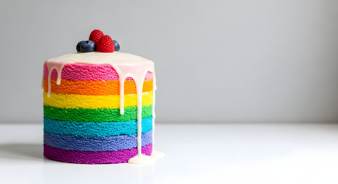 Colorful rainbow layer cake with white icing and berries on white