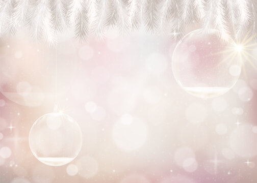 Christmas Background, Winter Scene White Pine Branches, Glass Bauble Ornaments, Falling Snow, Sparkling Bokeh Light And Pink Pastel Glow for New Year Holiday Greeting Card, Festive Banner Design