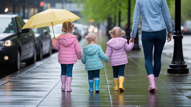 Three young girls walking on a rainy sidewalk holding hands and umbrella  